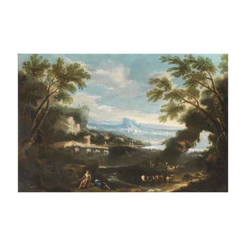 Null Bartolomeo Pedon
(1665-1732)
河流景观与城镇和塔
河流景观与人物、桥梁和牲畜
布面油画，cm 45.7x68.5 一对
(&hellip;