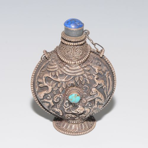 Snuff Bottle China. Silver with turquoise and coral. Paradise scene. H 7 cm.