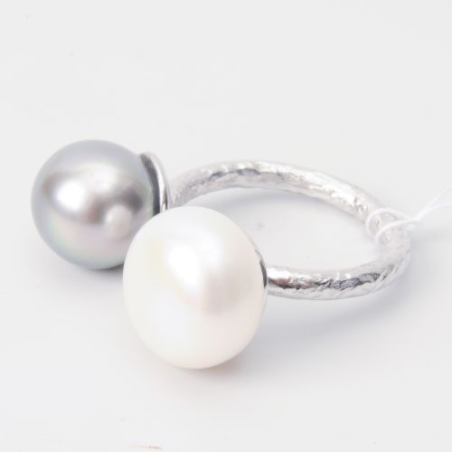 Kulturperlen-Ring Or blanc 750, mat. Bague ouverte avec perle de Tahiti 11,8x10,&hellip;