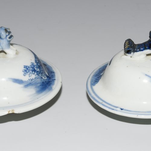 1 Paar Deckelvasen 中国，20世纪的瓷器。釉下蓝山水装饰，有亭台楼阁。有康熙款的标记。高37-37.5厘米。有木质底座。- 两者都已损坏。