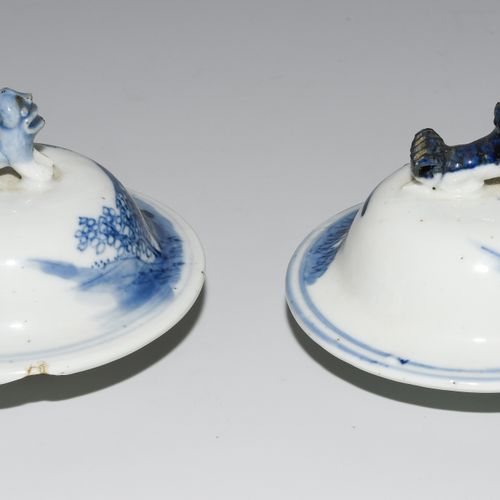 1 Paar Deckelvasen Chine, 20e s. Porcelaine. Décor de paysage bleu sous glaçure &hellip;