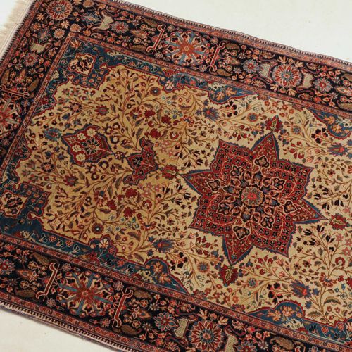 Kashan-Mohtasham Elegant and very finely woven carpet. A flower-filled red star &hellip;