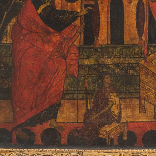 Verkündigung an Maria mit Basma 俄罗斯，约1600年。 (1)图象。木板上的粉笔画。右边的前景描绘了玛丽坐在长椅上，她的脚放在一&hellip;
