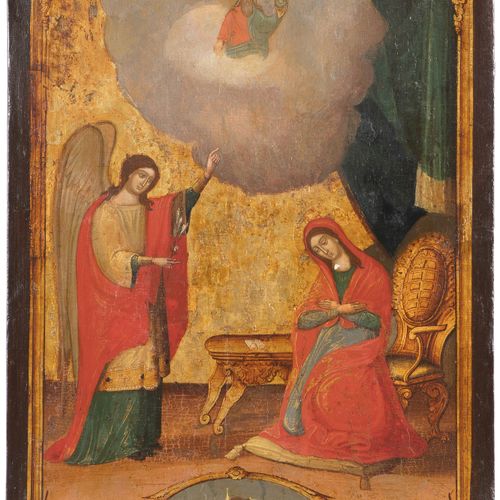 Verkündigung an Maria mit versilbertem Oklad 希腊语，日期为1870年。 (1)图象。木板上的粉笔画。黄金地。玛丽跪&hellip;