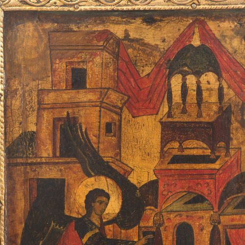Verkündigung an Maria mit Basma 俄罗斯，约1600年。 (1)图象。木板上的粉笔画。右边的前景描绘了玛丽坐在长椅上，她的脚放在一&hellip;