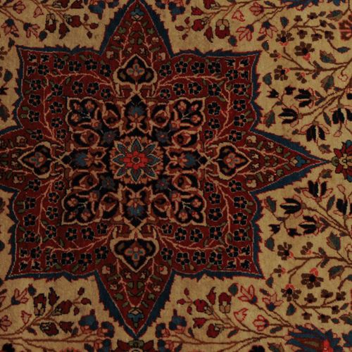 Kashan-Mohtasham Elegant and very finely woven carpet. A flower-filled red star &hellip;