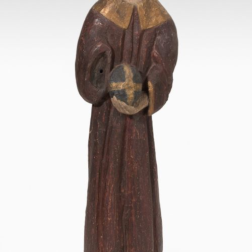 Heiligenfigur Romanischer Typus. Holz geschnitzt, polychrome Fassung übergangen,&hellip;