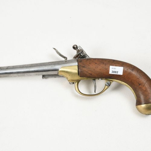 Steinschlosspistole 法国，1777型，20世纪，光滑的圆形枪管，口径18毫米。黄铜锁箱，胡桃木枪托和黄铜家具。拉姆罗德。长约34厘米。