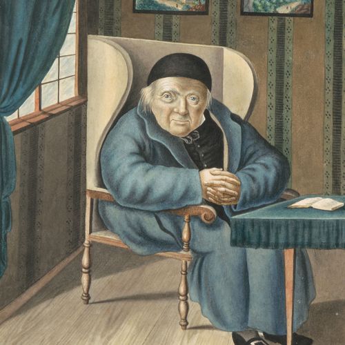 Anonym, um 1830 维尔兹牧师在会客室，坐在他的翼椅上。背景墙上有两张照片，上面是维尔茨在乌里肯的祖屋的景色。水彩画。23,8x18,5厘米。有框。&hellip;