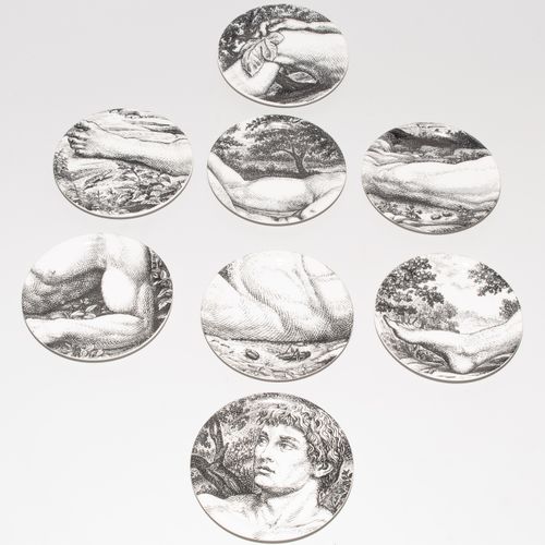 PIERO FORNASETTI Set of 16 small plates, eight each for "Eve" and "Adam". Design&hellip;