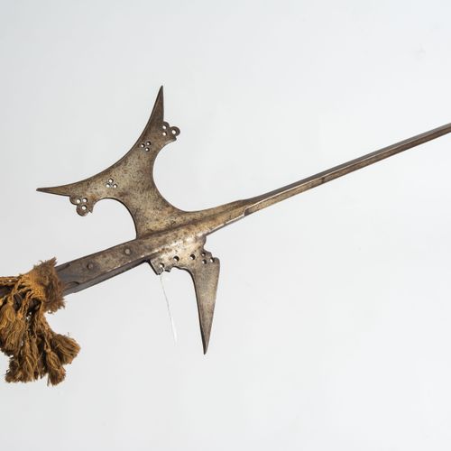 Halbarte 半胡须

意大利，16世纪下半叶。 铁冠，有52厘米长的方尖，倾斜的斧刃和凹陷的月牙形切削刃。斧刃和喙钩上共装饰有18个圆形开口。带有绵羊羽毛&hellip;