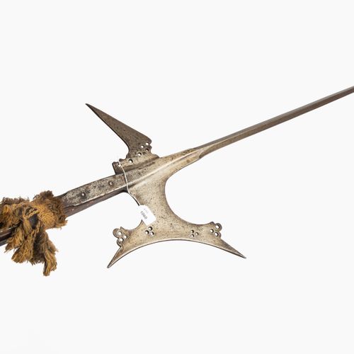 Halbarte 半胡须

意大利，16世纪下半叶。 铁冠，有52厘米长的方尖，倾斜的斧刃和凹陷的月牙形切削刃。斧刃和喙钩上共装饰有18个圆形开口。带有绵羊羽毛&hellip;