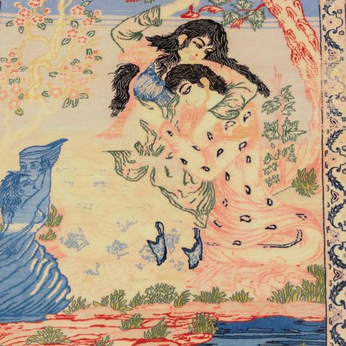 Isfahan 伊斯法罕

Z波斯，约1960年。 软木羊毛绒，丝绸经线。挂毯。一对恋人在蓝色小河边的树下被看到。该场景由白色波浪形藤蔓的辅助边框和粉红色的、有&hellip;
