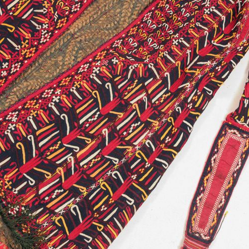 Turkmenisches Gewand 土库曼长袍

土库曼斯坦，约1900年。 深灰色的地面上覆盖着非常精细的丝绸刺绣。黄色、红色和白色的时尚花朵装饰了整件&hellip;