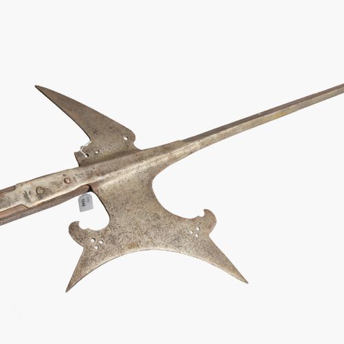 Halbarte 半胡须

意大利北部（米兰？），16世纪下半叶。 铁质，有非常细长的方尖，倾斜的斧刃，凹陷的镰刀形切削刃，以及两个三通穿孔。喙钩的四分之一面印&hellip;