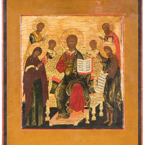 Erweiterte Deesis 延长的创世纪

俄罗斯，19世纪中期，木板上的粉笔画。基督在略微凹陷的画场中登基，两侧是天主之母和圣约翰五世作为中间人。宝座&hellip;
