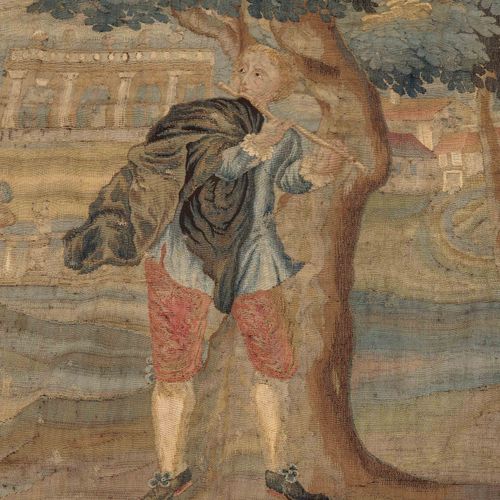 Gobelin 挂毯

法国，约1700年。 在一棵树下，一个年轻人在公园里吹着长笛，背景中可以看到建筑群。修理过的地方。139x270厘米（英尺4.6x8.9&hellip;