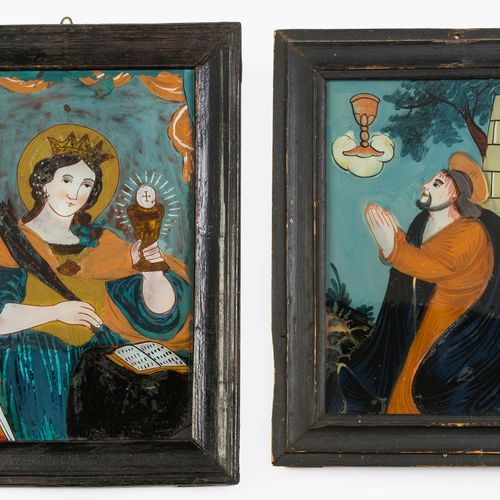 Lot: 2 Hinterglasbilder 拍品：2幅玻璃上的反转画

波西米亚，布赫斯，19世纪上半叶。 玻璃后面的多色画。(1) 基督在橄榄山上祈祷，背&hellip;
