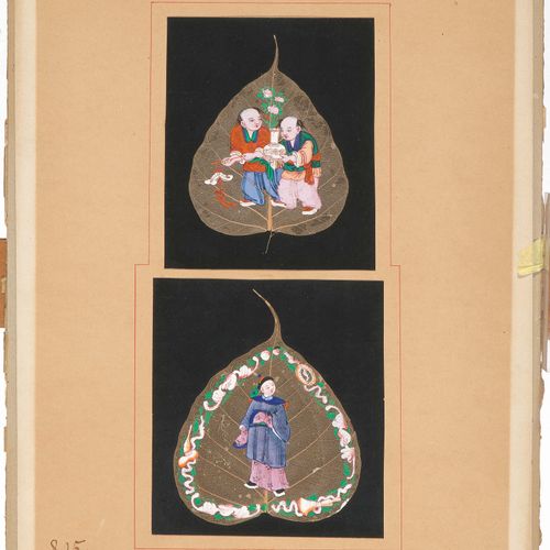 Malerei auf zwei Blattadern 在两片叶脉上作画

中国，19世纪下半叶。 在叶脉上作画。两个带着珍贵物品的孩子和一个常设官员。安装在纸&hellip;