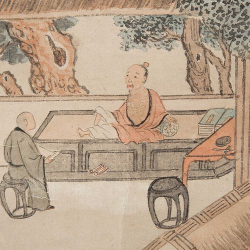 Malerei 绘画

中国，20世纪，纸上墨水和颜料。署名 "九洲 "并加盖红印。描绘了一位学者躺在日床上说话的情景。有铭文。74x42（图片尺寸），110x&hellip;