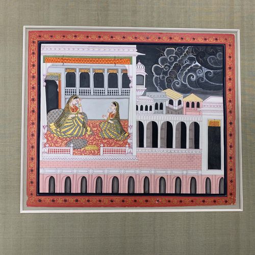 Miniaturmalerei 微型绘画

印度，19世纪末的拉贾斯坦邦。纸上颜料和黄金。院子里的两位女士。天空中的黑色雷云。29x34.5（纸张尺寸），装框5&hellip;