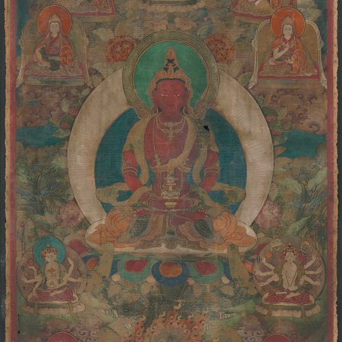 Thangka des Amitayus 阿米塔尤斯的唐卡

西藏，19世纪，画布上的颜色。无可估量的生命之主华丽地坐在中央，手中拿着生命的灵药的卡拉沙。在玻璃&hellip;