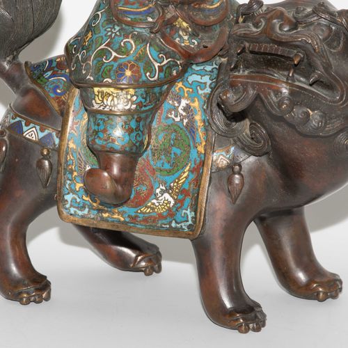 Grosses Räuchergefäss 大香炉

日本，明治时期。青铜器，饰以珐琅彩饰。被吉川标记。寿喜神骑着狮子，在头顶上挥舞着雅丽矛。高45厘米。