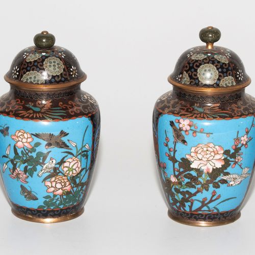 Lot: 1 Paar Vasen und 1 Paar Deckelvasen 拍品：1对花瓶和1对带盖花瓶。

日本。搪瓷景泰蓝。栏杆形式。多色花和鸟的装饰&hellip;