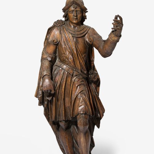 Grosse Heiligenfigur 大型圣徒形象

阿尔卑斯山，巴洛克风格。雕刻的木材。站在一个长方形的基座上，圣人（弗洛里安？）扮演一个带着盔甲和头盔的&hellip;