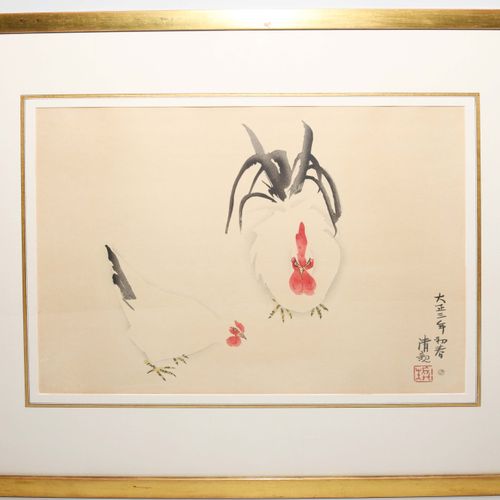 Kiyochika (1847–1915) 清一色 (1847-1915) 
新汉宫。一对鸡。签名：大正3年（1914年），红印。出版商标记Watanabe。3&hellip;