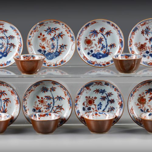 A GROUP OF FOURTEEN OF CHINESE IMARI CAFE AU LAIT-GROUND CUPS AND SAUCERS Each w&hellip;
