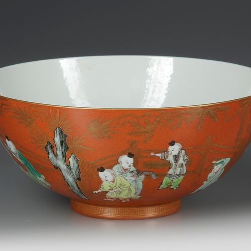 A FINE CHINESE CORAL-GROUND FAMILLE VERTE 'BOYS' BOWL, JIAQING SIX-CHARACTER SEA&hellip;