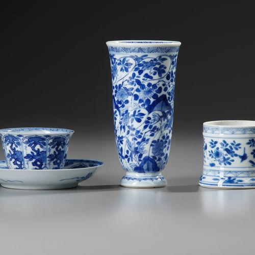 A GROUP OF THREE CHINESE BLUE AND WHITE STEMMED BEAKER AND CUP AND SAUCER AND SA&hellip;