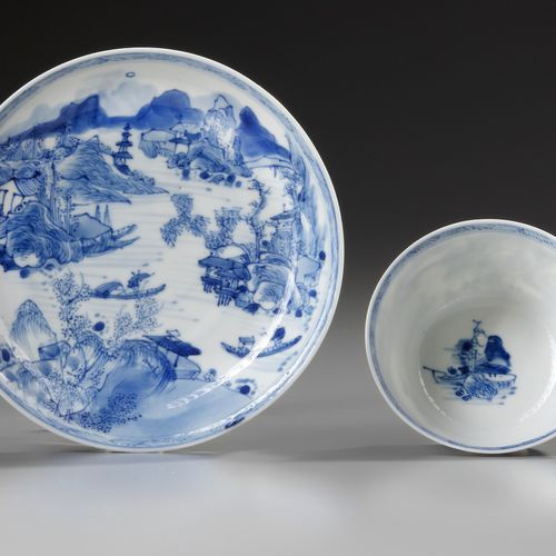 A CHINESE BLUE AND WHITE 'MASTER OF THE ROCKS' CUP AND SAUCER, KANGXI (1662-1722&hellip;