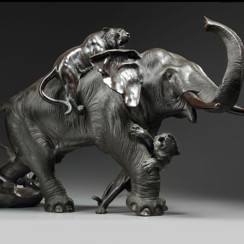 A LARGE JAPANESE BRONZE ELEPHANT AND TIGER GROUP, MEIJI PERIOD (1868-1912) The e&hellip;