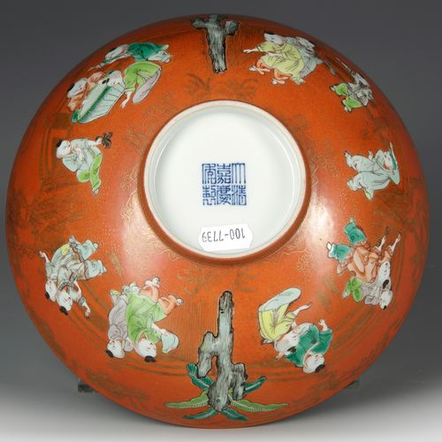 A FINE CHINESE CORAL-GROUND FAMILLE VERTE 'BOYS' BOWL, JIAQING SIX-CHARACTER SEA&hellip;