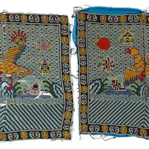 A PAIR OF EMBROIDERED GAUZE CIVIL OFFICIAL'S RANK BADGES OF A GOOSE, BUZI QIANLO&hellip;