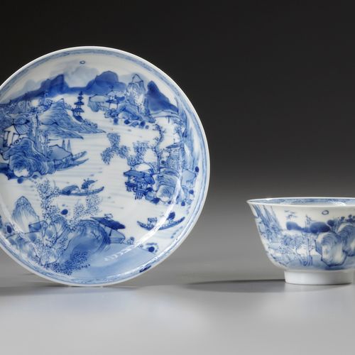 A CHINESE BLUE AND WHITE 'MASTER OF THE ROCKS' CUP AND SAUCER, KANGXI (1662-1722&hellip;