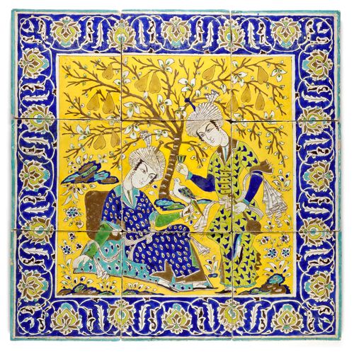 A QAJAR CUERDA SECA POTTERY TILE PANEL, PERSIA, 19TH CENTURY 瓷器，在黄绿色的背景上用蓝色、黄色和锰&hellip;