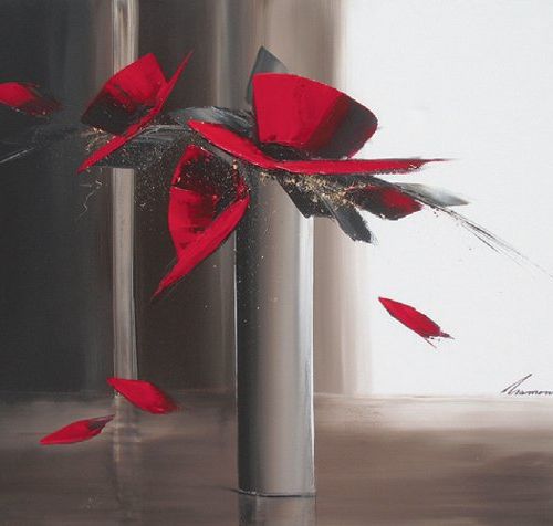 Olivier TRAMONI (né en 1973) Nature morte aux fleurs rouges Huile et feuilles d'&hellip;