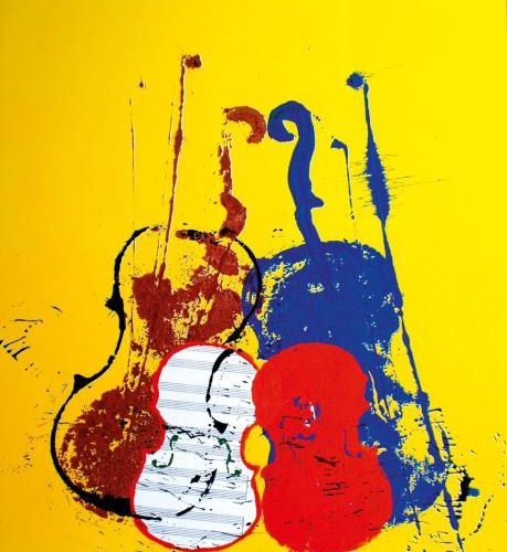 ARMAN (1928-2005) Allure de violons sur fond jaune - Lithographie en couleur sur&hellip;