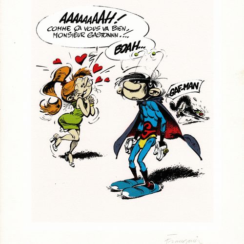 André Franquin Gaston, sérigraphie "Gaf-Man" n°/350, signée (Ed. Déesse, 1976). &hellip;