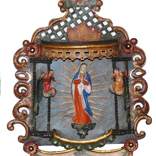Null Maria zur Ehr (18/19世纪)带墙面安装的彩绘铁艺建筑；中间是一个类似巴尔达钦的门楣下的圣母玛利亚，旁边是2个普蒂；62 x 40 x&hellip;