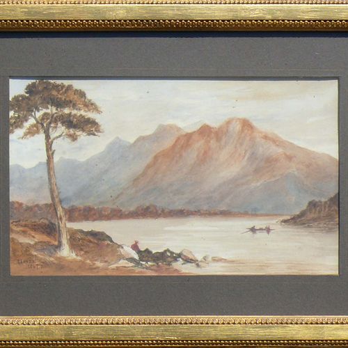 Null 琼斯，T.（英国，19世纪）"'山湖与被占领的划船'"；水彩/纸；左下方有签名和日期1867年。1867年；背面有他1912年生日的献词；约15 x &hellip;