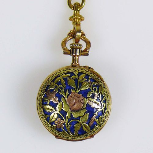 Null Lady's pocket watch case with dust cover and watch chain in 14ct GG; enamel&hellip;