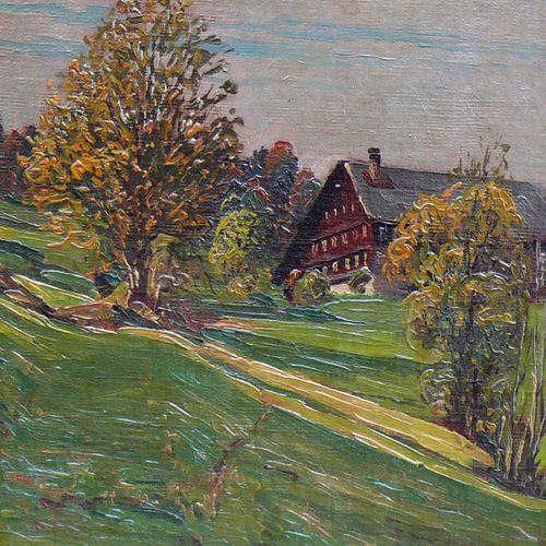 Null 迪施勒，赫尔曼（1866年弗赖堡-1935年欣特扎腾）《黑森林的农舍》；油画/纸板；左下方有签名和日期。20；背面有艺术家手写的旧标签 "Grundh&hellip;