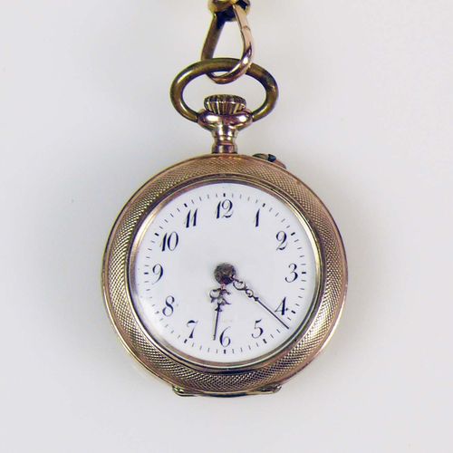 Null 女式挂表（约1900年），镀金表壳；珐琅表盘；机芯运转；带铜链；带：链式滑轨
