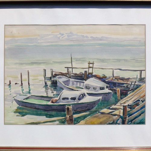 Null 爱因哈特，卡尔（1884年康斯坦茨-1967年弗赖堡）"海港风光 "与2艘摩托艇；水彩画；右下角签名；约35 x 47厘米；玻璃后PP框架（52.5 &hellip;