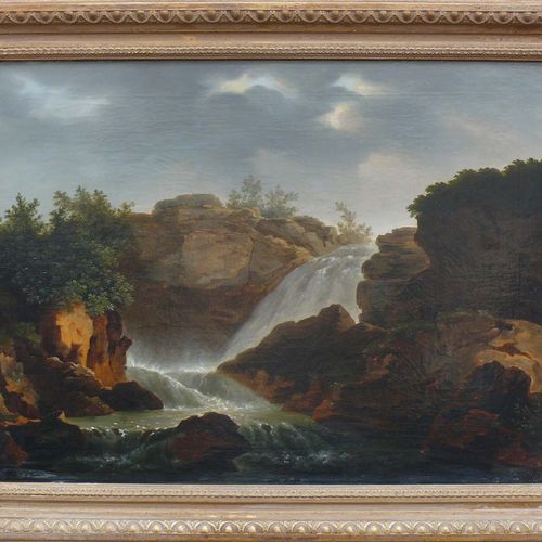 Null 佚名 (19/20世纪) "'有瀑布的岩石景观'；油/纸板；48 x 63厘米；R (61 x 77 x 4厘米)