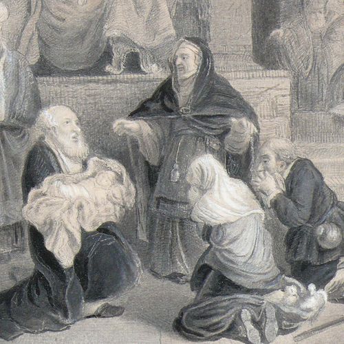 Null Hess, Hieronymus (Basel 1799 - 1850)《圣殿中的祭品》；圣殿中的许多人物场景；铅笔画，部分用白色调高；在当时的灰蓝色&hellip;